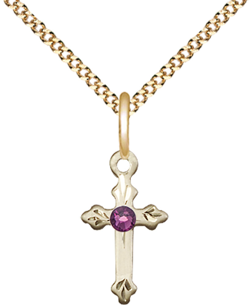 14kt Gold Filled Cross Pendant with a 3mm Amethyst Swarovski stone on a 18 inch Gold Plate Light Curb chain