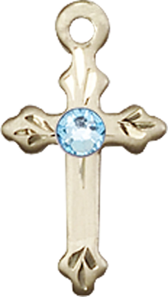 14kt Gold Filled Cross Medal with a 3mm Aqua Swarovski stone