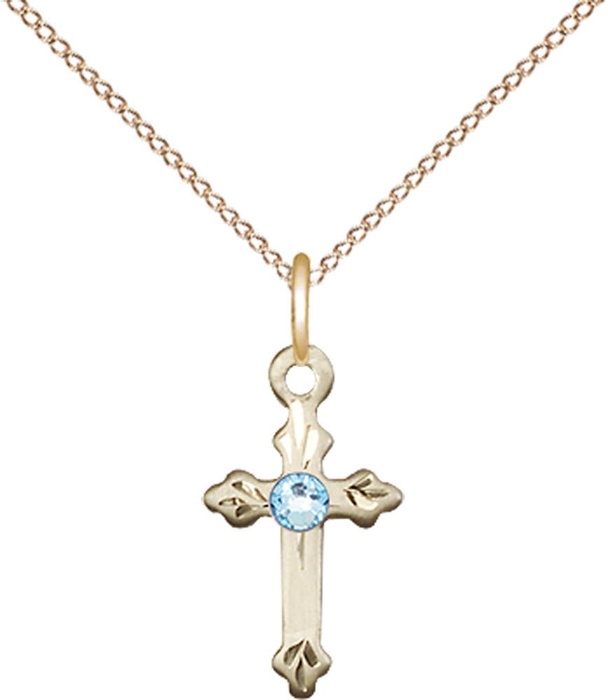 14kt Gold Filled Cross Pendant with a 3mm Aqua Swarovski stone on a 18 inch Gold Filled Light Curb chain
