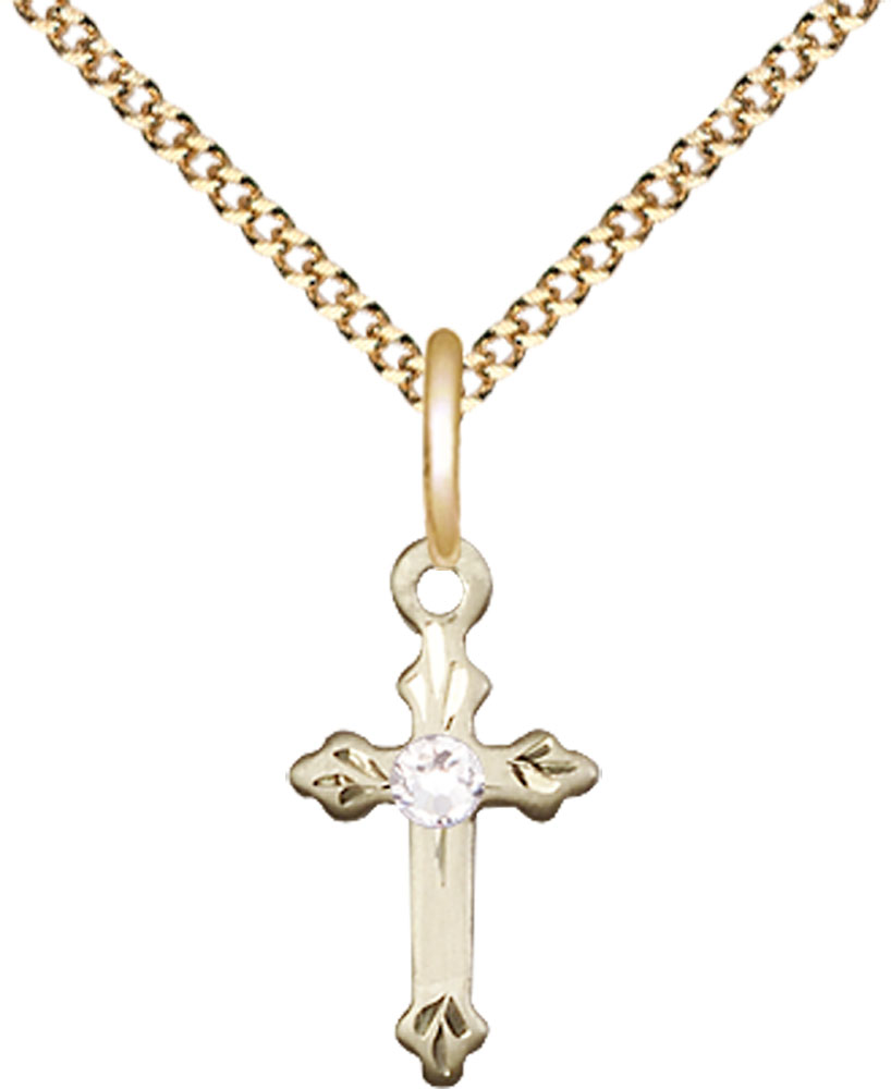 14kt Gold Filled Cross Pendant with a 3mm Crystal Swarovski stone on a 18 inch Gold Plate Light Curb chain