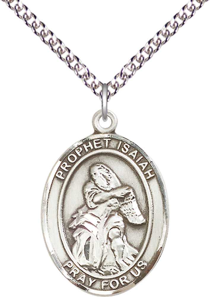 Sterling Silver Saint Isaiah Pendant on a 24 inch Sterling Silver Heavy Curb chain