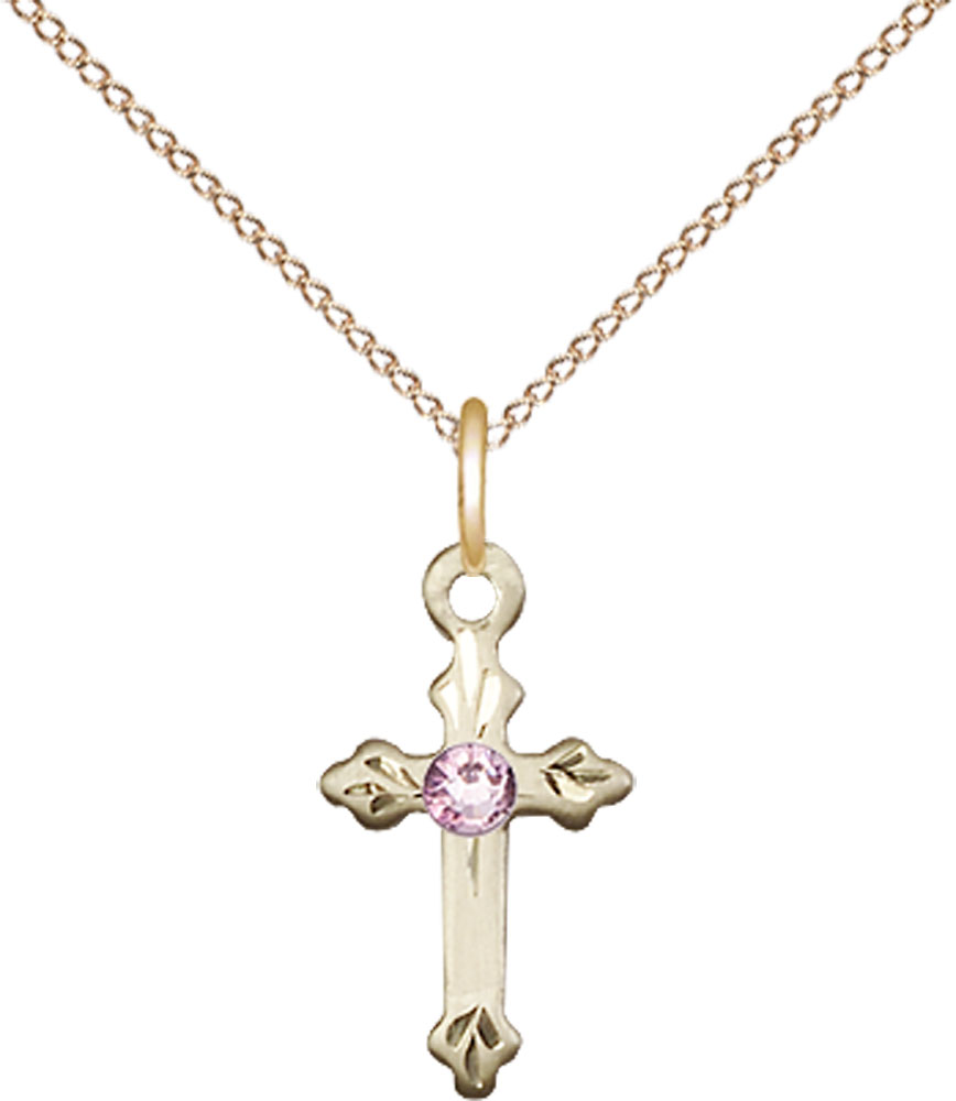 14kt Gold Filled Cross Pendant with a 3mm Light Amethyst Swarovski stone on a 18 inch Gold Filled Light Curb chain