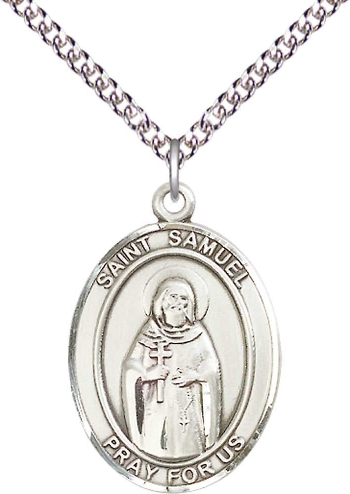 Sterling Silver Saint Samuel Pendant on a 24 inch Sterling Silver Heavy Curb chain