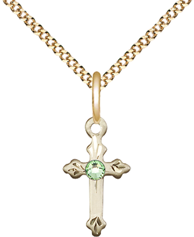 14kt Gold Filled Cross Pendant with a 3mm Peridot Swarovski stone on a 18 inch Gold Plate Light Curb chain