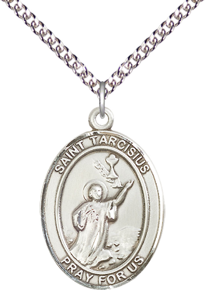 Sterling Silver Saint Tarcisius Pendant on a 24 inch Sterling Silver Heavy Curb chain