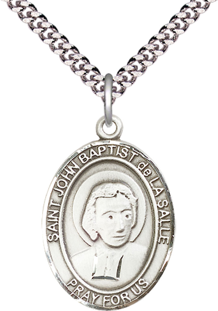 Sterling Silver Saint John Baptist de la Salle Pendant on a 24 inch Light Rhodium Heavy Curb chain