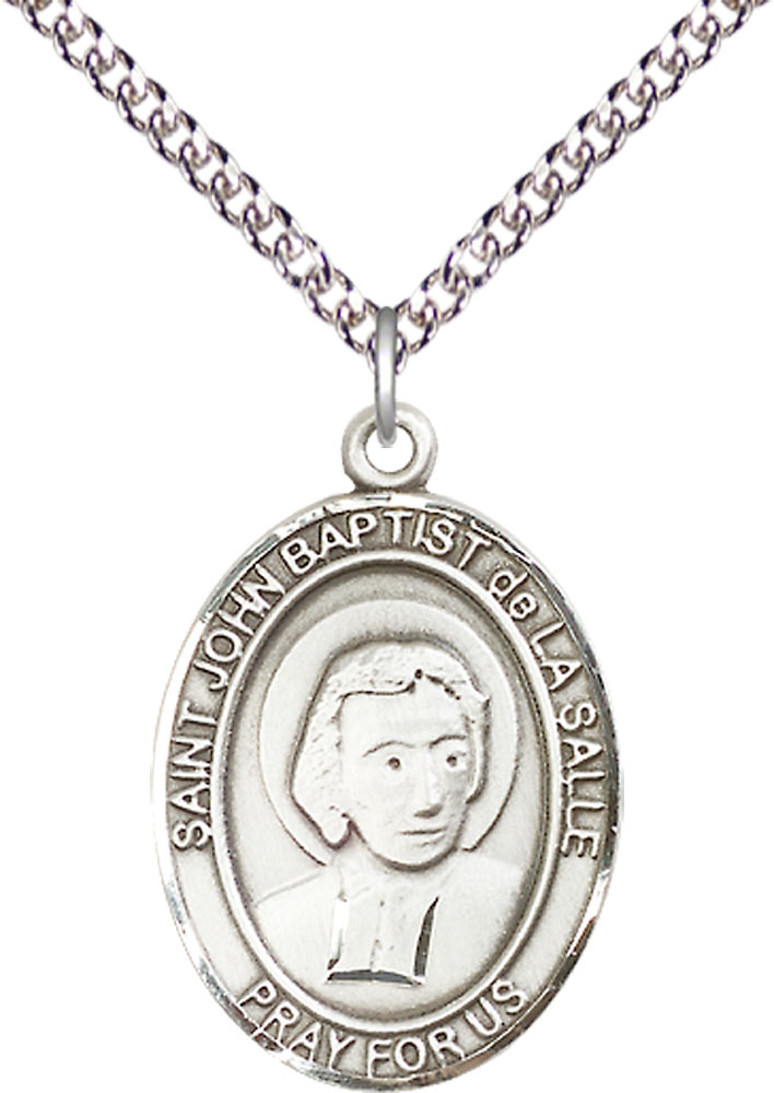 Sterling Silver Saint John Baptist de la Salle Pendant on a 24 inch Sterling Silver Heavy Curb chain
