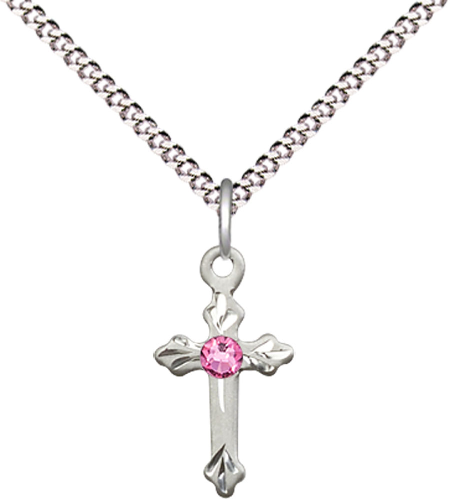 Sterling Silver Cross Pendant with a 3mm Rose Swarovski stone on a 18 inch Light Rhodium Light Curb chain