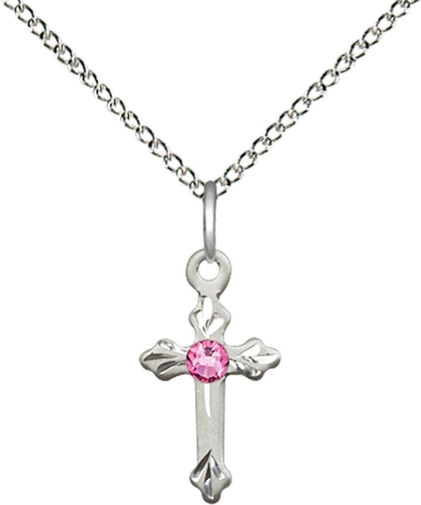 Sterling Silver Cross Pendant with a 3mm Rose Swarovski stone on a 18 inch Sterling Silver Light Curb chain