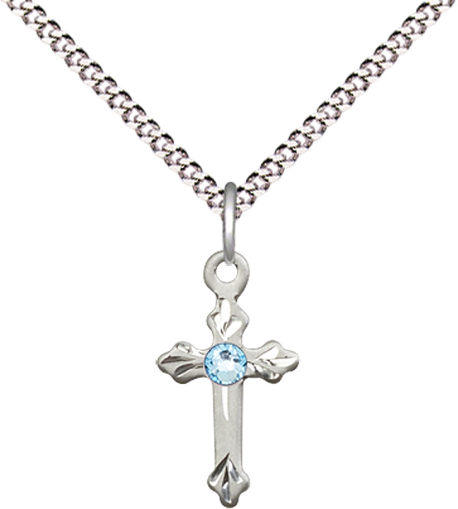 Sterling Silver Cross Pendant with a 3mm Aqua Swarovski stone on a 18 inch Light Rhodium Light Curb chain