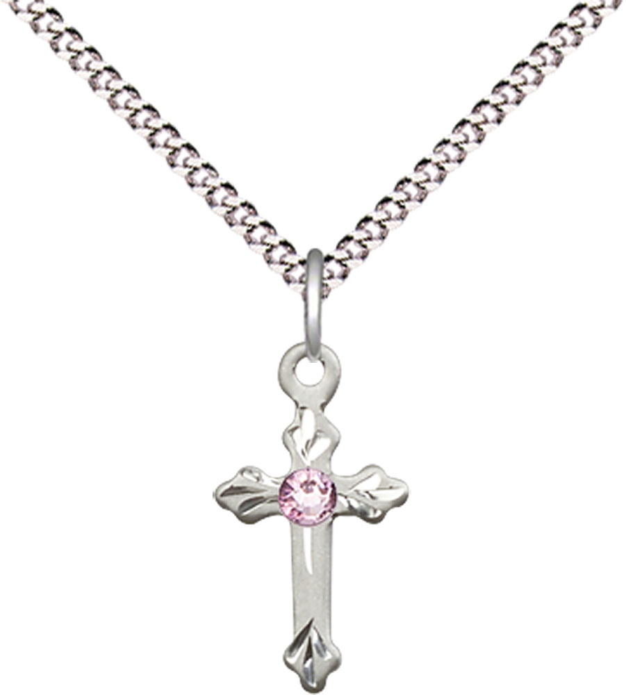 Sterling Silver Cross Pendant with a 3mm Light Amethyst Swarovski stone on a 18 inch Light Rhodium Light Curb chain