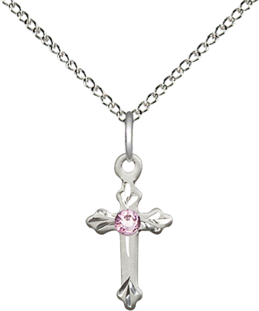 Sterling Silver Cross Pendant with a 3mm Light Amethyst Swarovski stone on a 18 inch Sterling Silver Light Curb chain