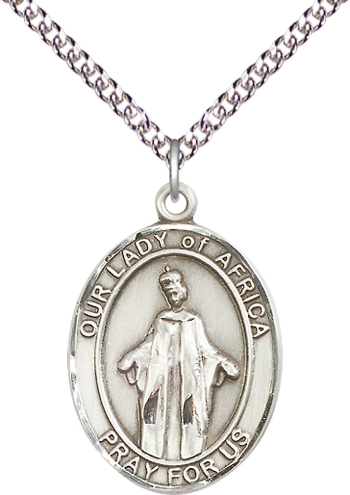Sterling Silver Our Lady of Africa Pendant on a 24 inch Sterling Silver Heavy Curb chain