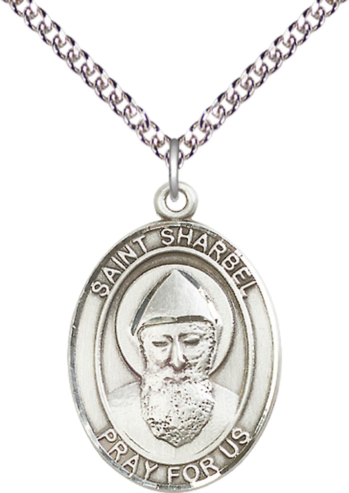 Sterling Silver Saint Sharbel Pendant on a 24 inch Sterling Silver Heavy Curb chain