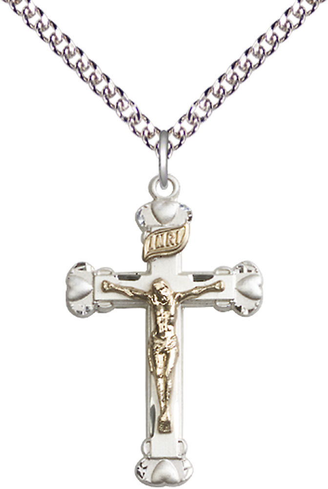 Two-Tone GF/SS Crucifix Pendant on a 24 inch Sterling Silver Heavy Curb chain