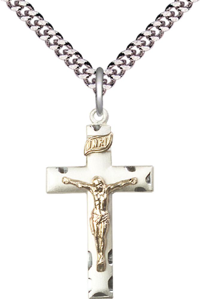 Two-Tone GF/SS Crucifix Pendant on a 24 inch Light Rhodium Heavy Curb chain