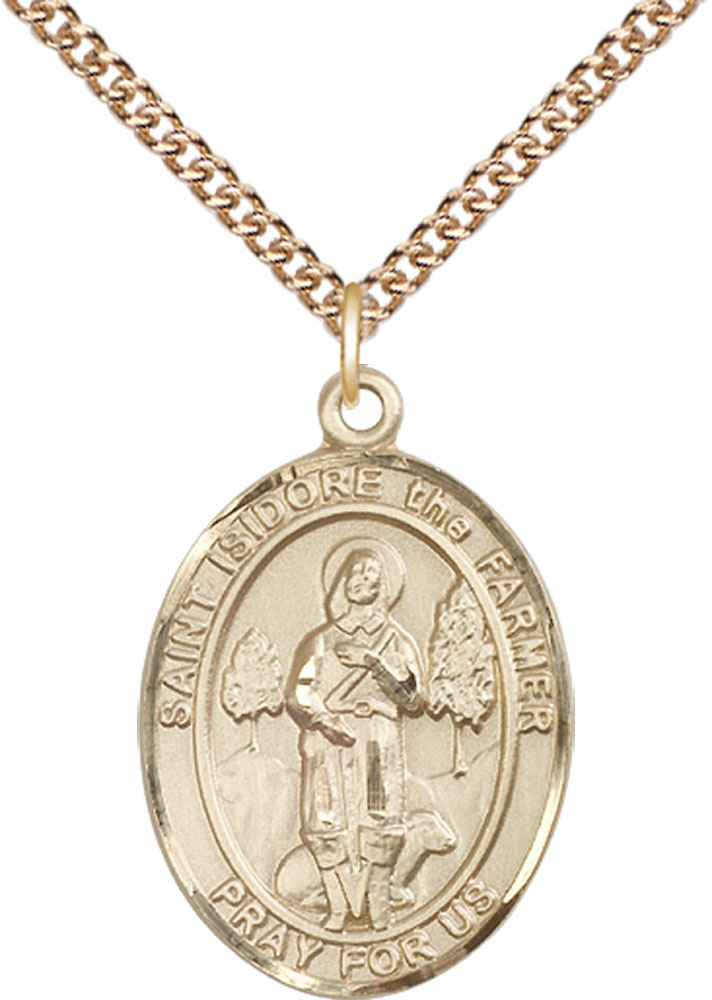 14kt Gold Filled Saint Isidore the Farmer Pendant on a 24 inch Gold Filled Heavy Curb chain