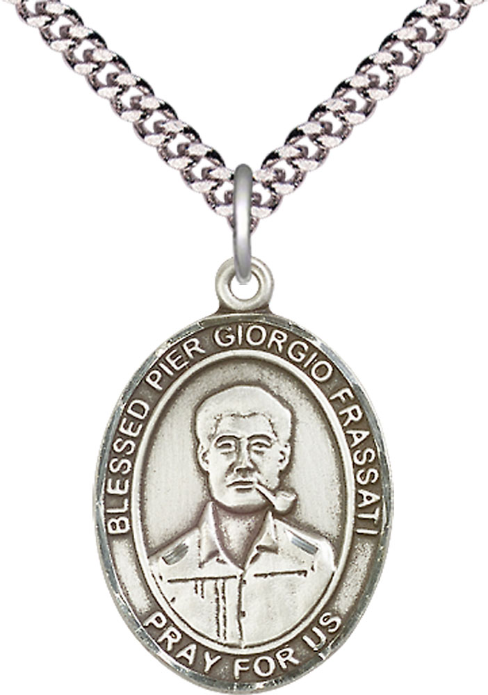 Sterling Silver Blessed Pier Giorgio Frassati Pendant on a 24 inch Light Rhodium Heavy Curb chain