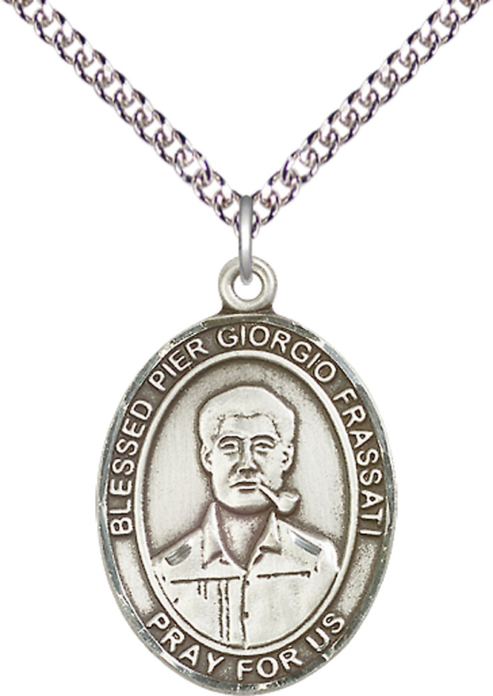 Sterling Silver Blessed Pier Giorgio Frassati Pendant on a 24 inch Sterling Silver Heavy Curb chain