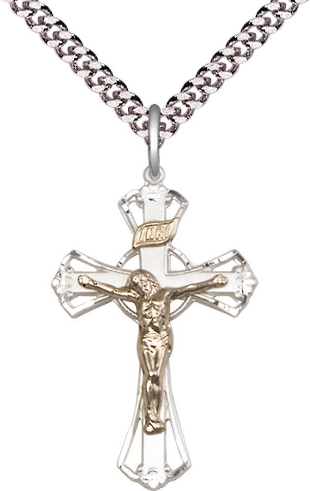 Two-Tone GF/SS Crucifix Pendant on a 24 inch Light Rhodium Heavy Curb chain