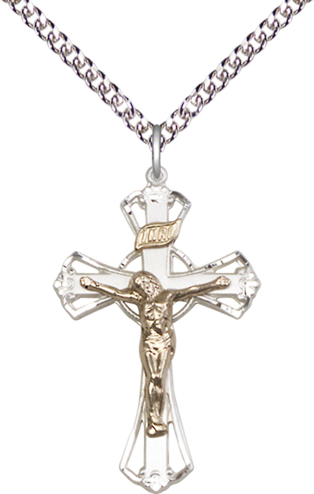 Two-Tone GF/SS Crucifix Pendant on a 24 inch Sterling Silver Heavy Curb chain