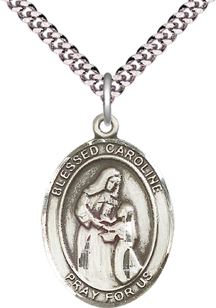 Sterling Silver Blessed Caroline Gerhardinger Pendant on a 24 inch Light Rhodium Heavy Curb chain