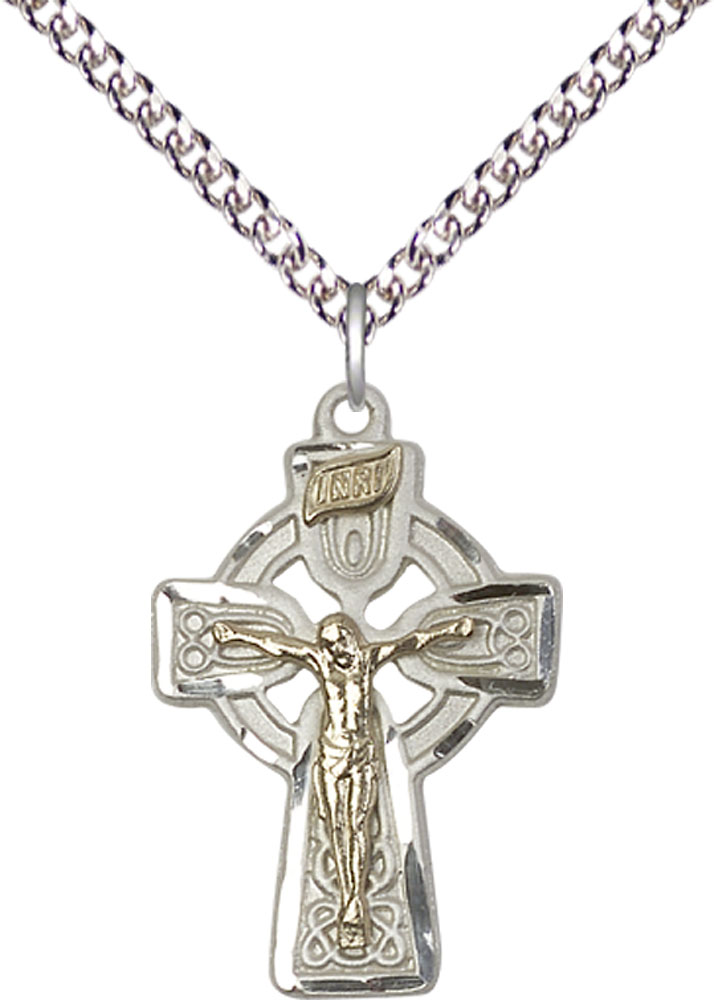 Two-Tone GF/SS Celtic Crucifix Pendant on a 24 inch Sterling Silver Heavy Curb chain