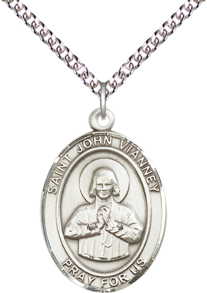 Sterling Silver Saint John Vianney Pendant on a 24 inch Sterling Silver Heavy Curb chain