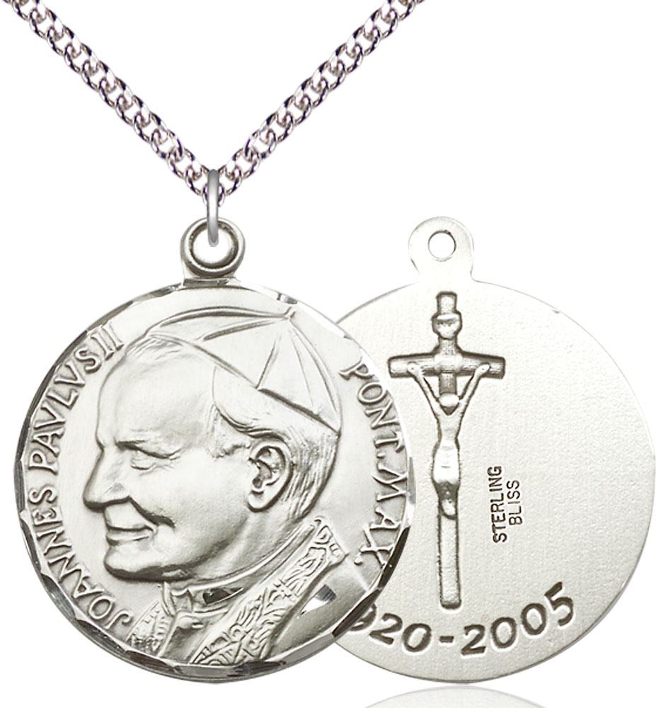 Sterling Silver Saint John Paul II Pendant on a 24 inch Sterling Silver Heavy Curb chain