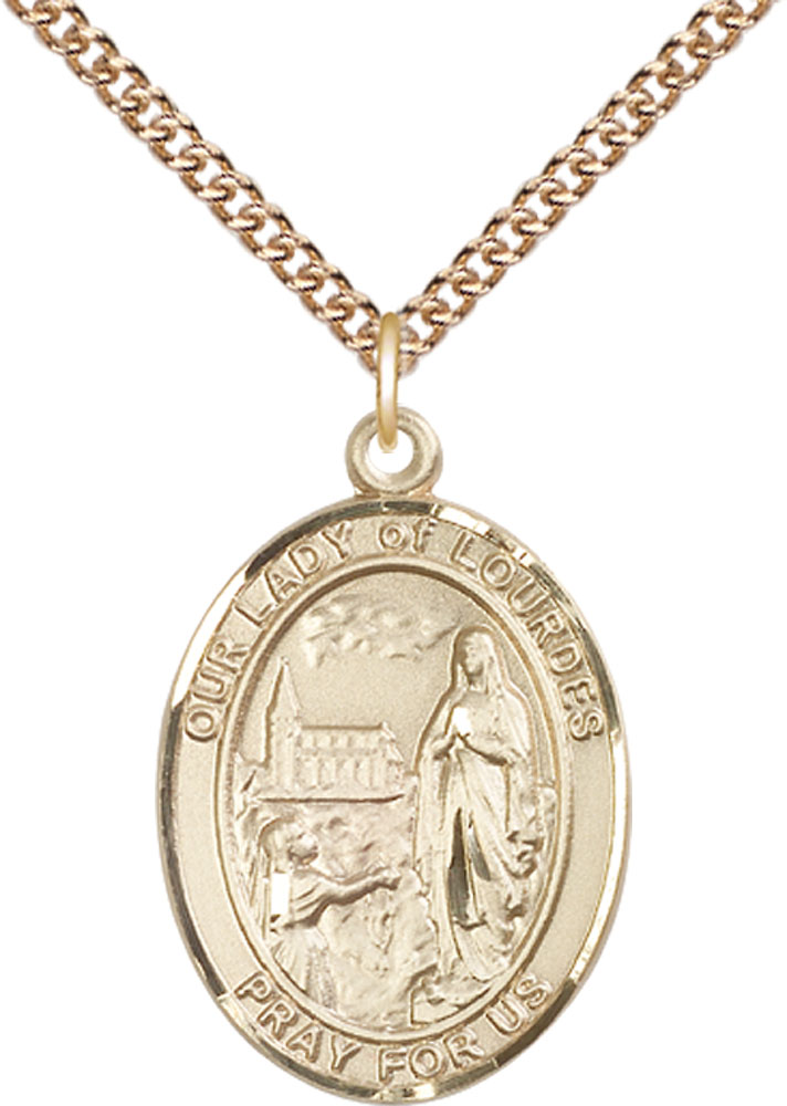 14kt Gold Filled Our Lady of Lourdes Pendant on a 24 inch Gold Filled Heavy Curb chain