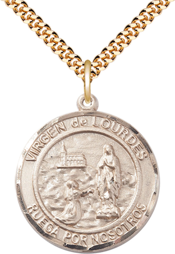 14kt Gold Filled Virgen de Lourdes Pendant on a 24 inch Gold Filled Heavy Curb chain