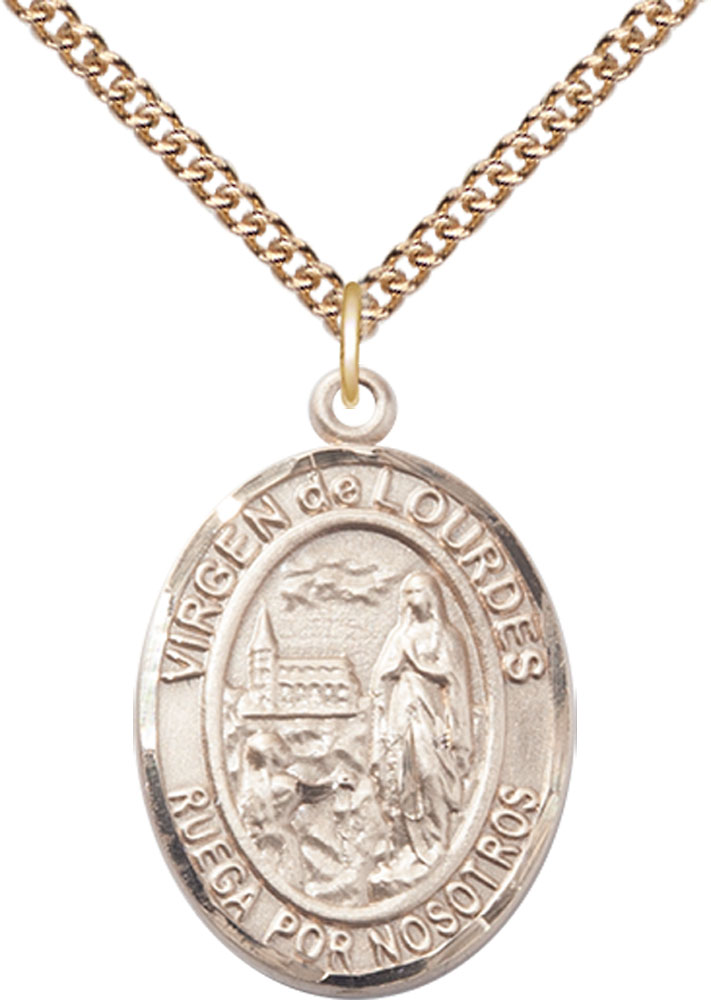 14kt Gold Filled Virgen de Lourdes Pendant on a 24 inch Gold Filled Heavy Curb chain