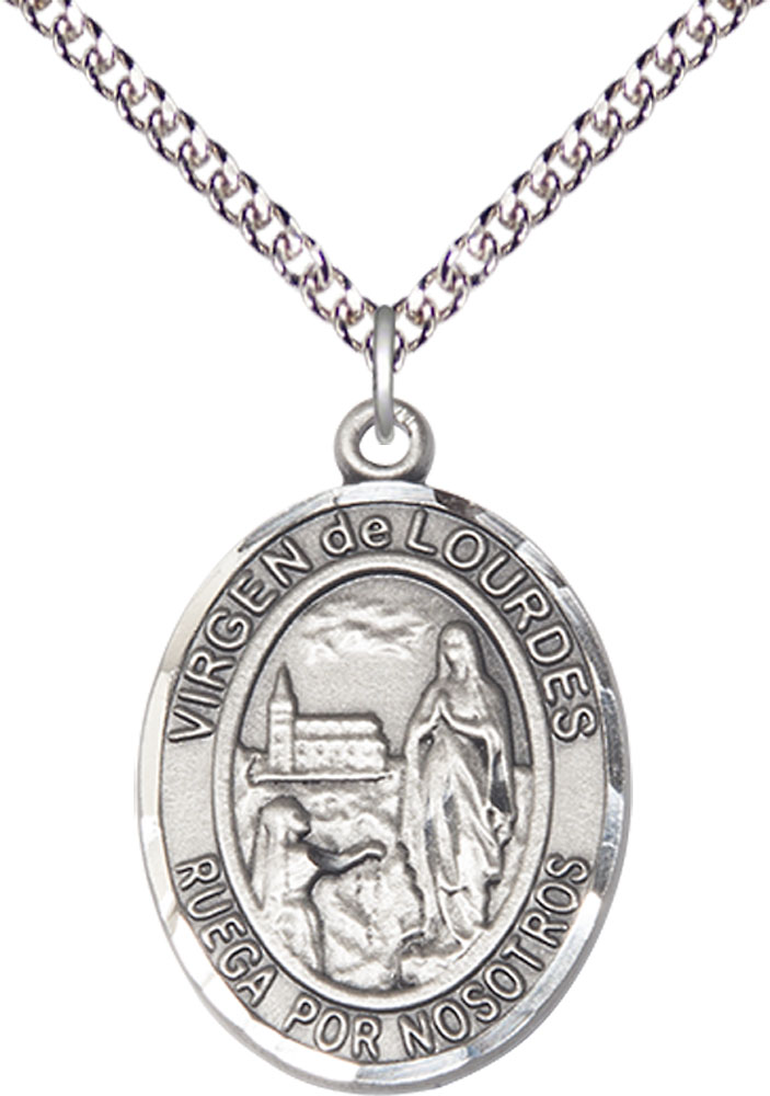 Sterling Silver Virgen de Lourdes Pendant on a 24 inch Sterling Silver Heavy Curb chain