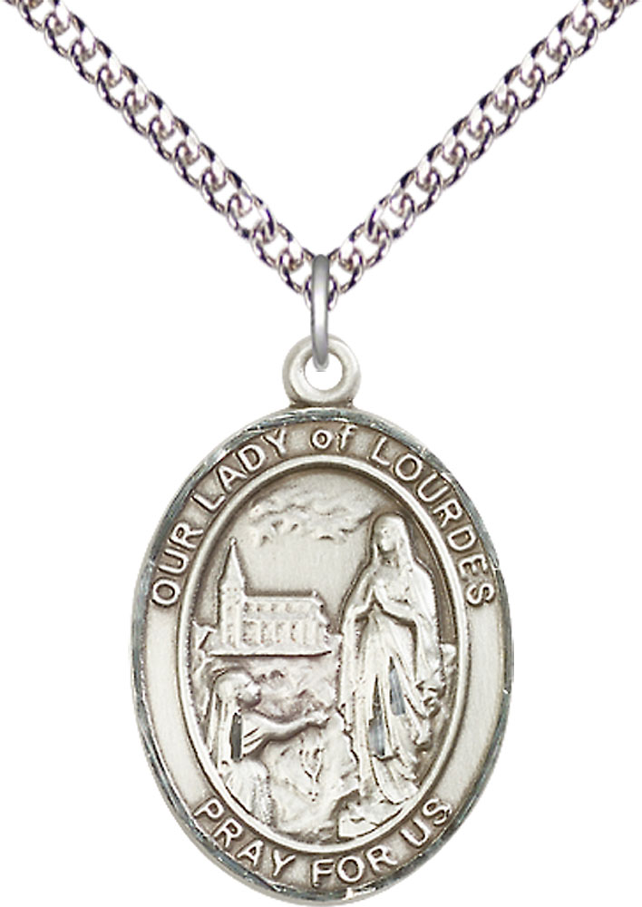 Sterling Silver Our Lady of Lourdes Pendant on a 24 inch Sterling Silver Heavy Curb chain