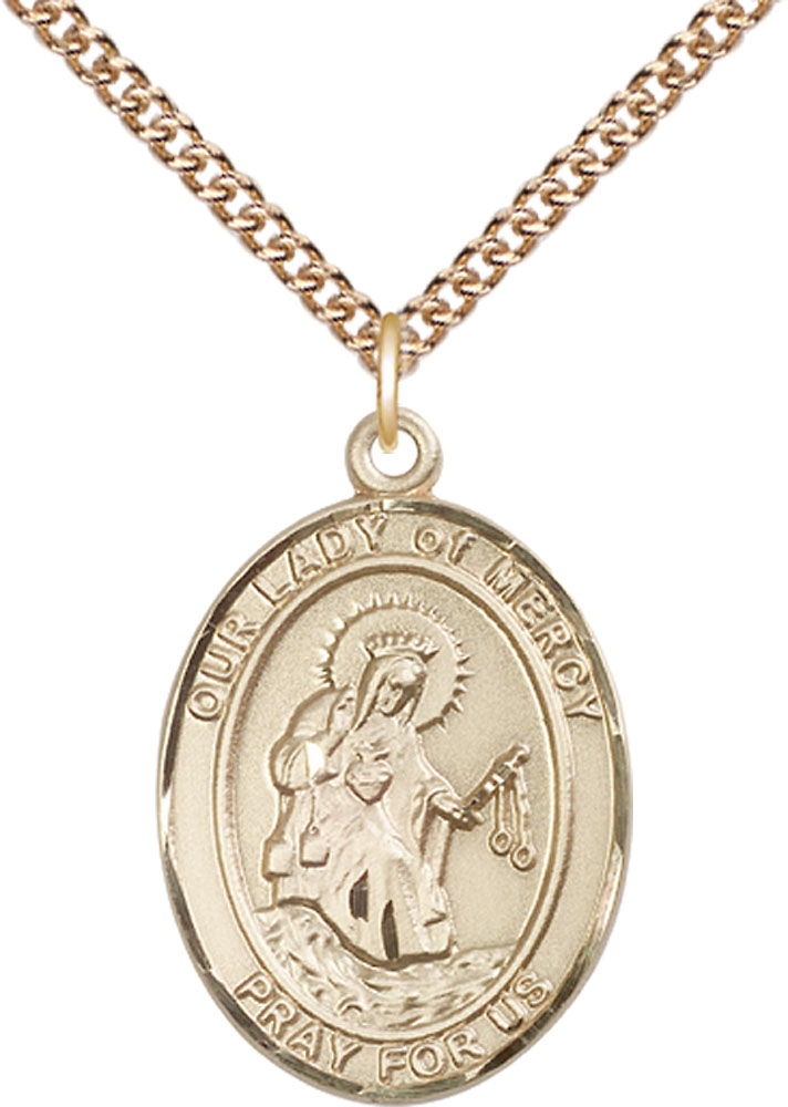 14kt Gold Filled Our Lady of Mercy Pendant on a 24 inch Gold Filled Heavy Curb chain