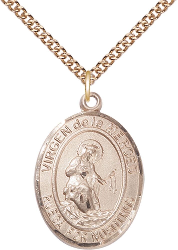 14kt Gold Filled Virgen de la Merced Pendant on a 24 inch Gold Filled Heavy Curb chain