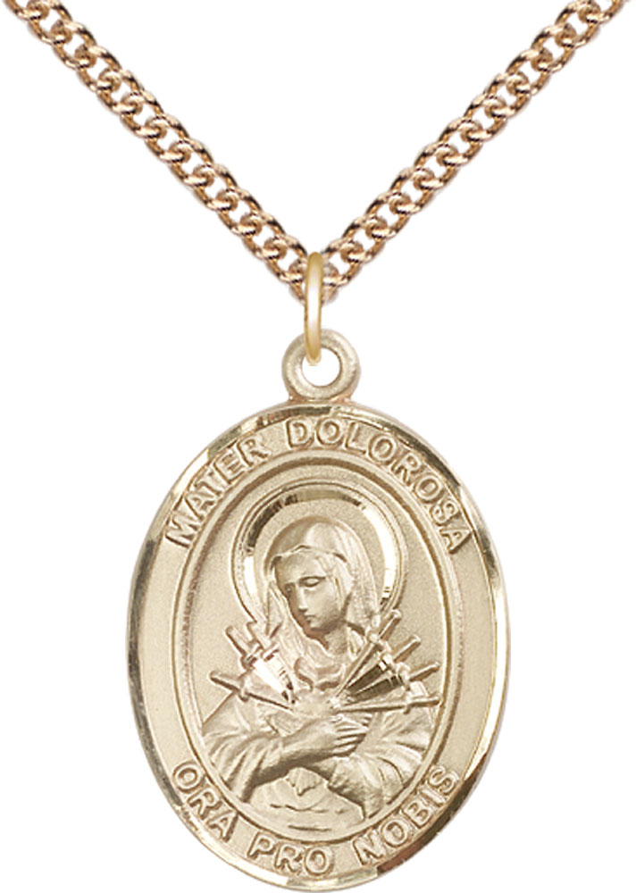 14kt Gold Filled Mater Dolorosa Pendant on a 24 inch Gold Filled Heavy Curb chain