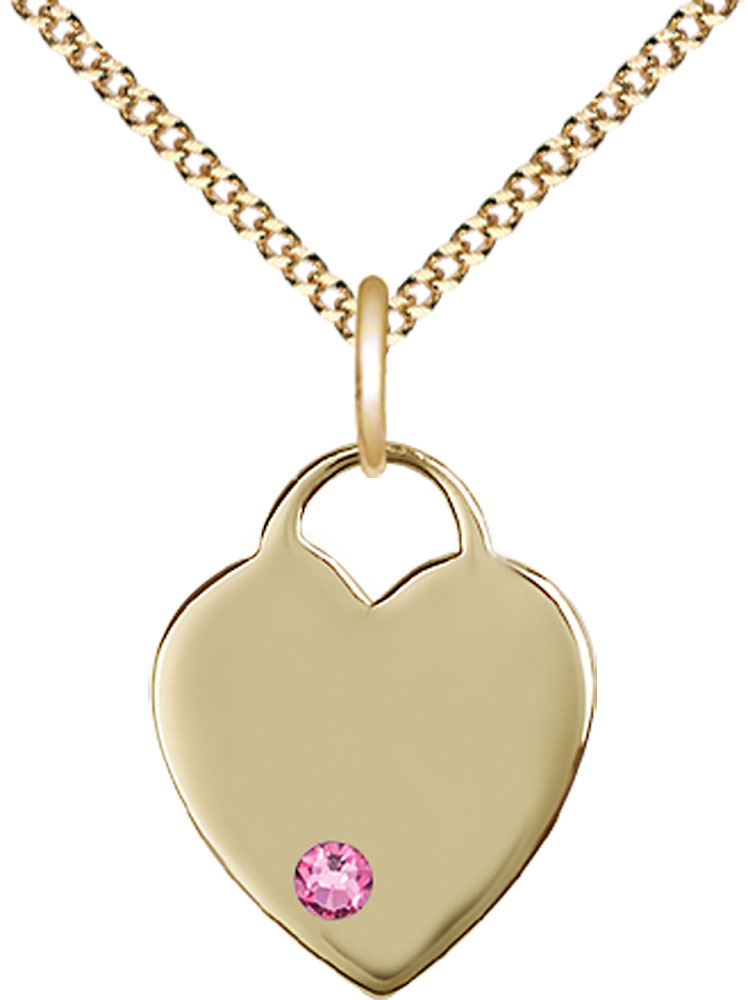 14kt Gold Filled Heart Pendant with a 3mm Rose Swarovski stone on a 18 inch Gold Plate Light Curb chain