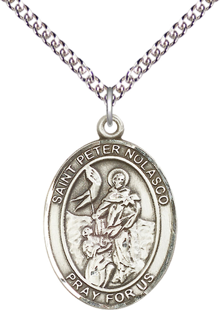 Sterling Silver Saint Peter Nolasco Pendant on a 24 inch Sterling Silver Heavy Curb chain
