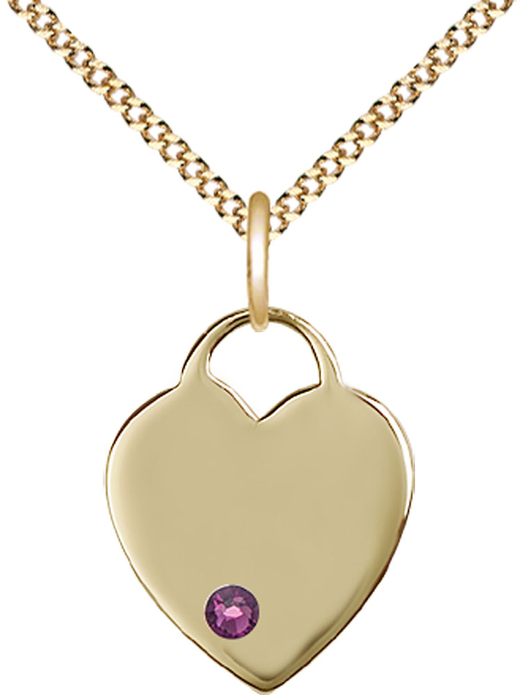 14kt Gold Filled Heart Pendant with a 3mm Amethyst Swarovski stone on a 18 inch Gold Plate Light Curb chain