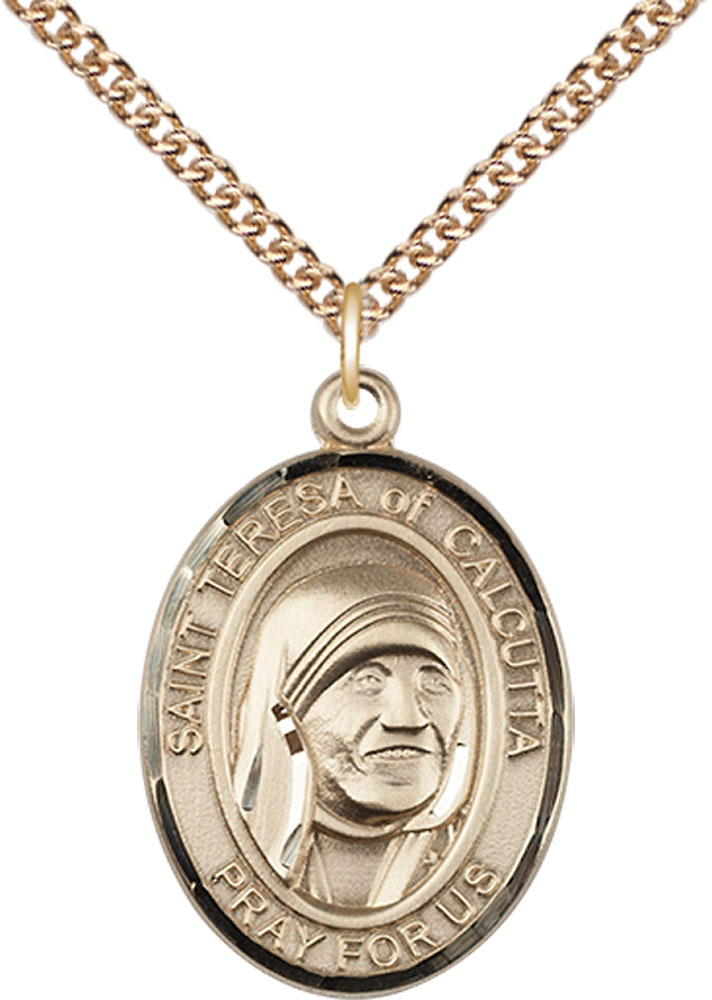 14kt Gold Filled Saint Teresa of Calcutta Pendant on a 24 inch Gold Filled Heavy Curb chain