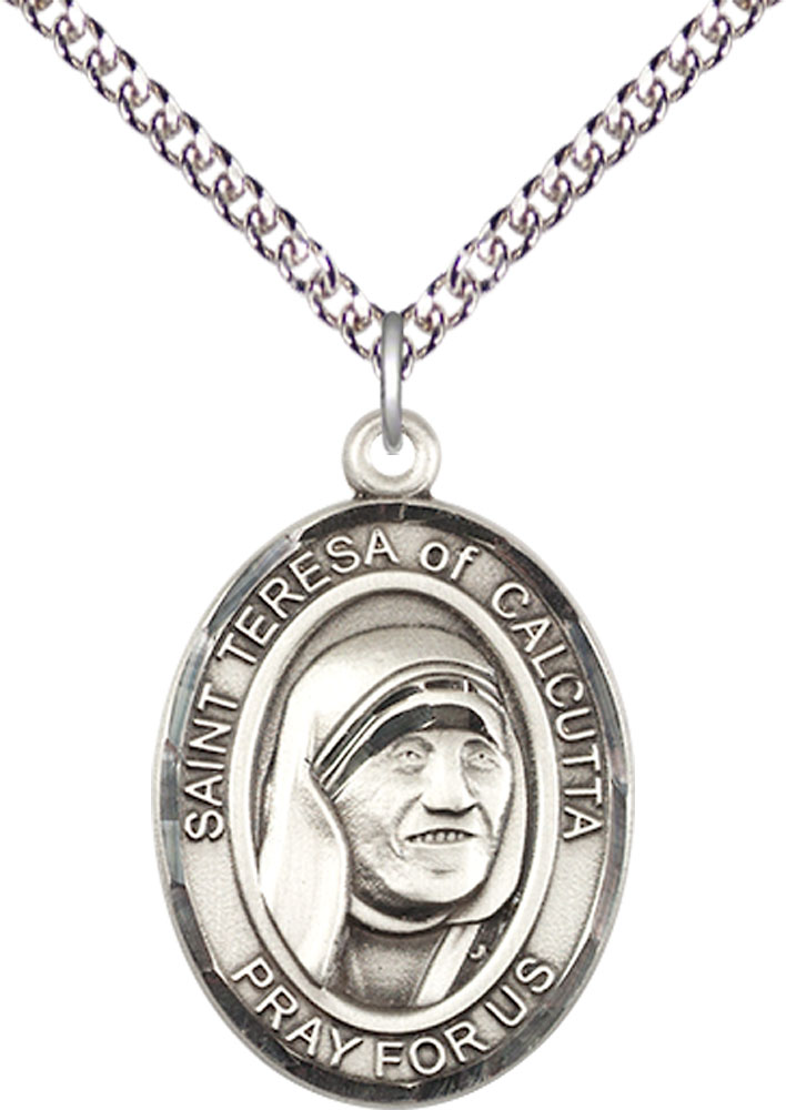 Sterling Silver Saint Teresa of Calcutta Pendant on a 24 inch Sterling Silver Heavy Curb chain