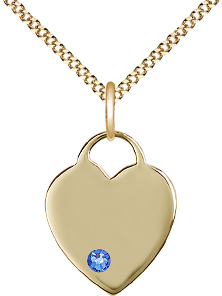14kt Gold Filled Heart Pendant with a 3mm Sapphire Swarovski stone on a 18 inch Gold Plate Light Curb chain