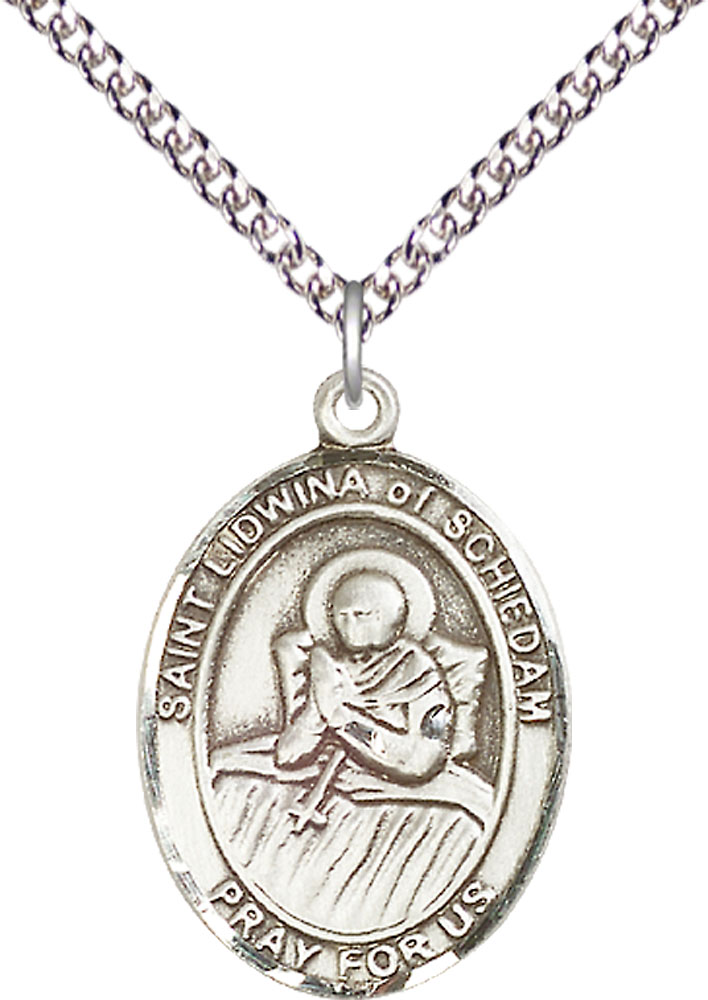 Sterling Silver Saint Lidwina of Schiedam Pendant on a 24 inch Sterling Silver Heavy Curb chain