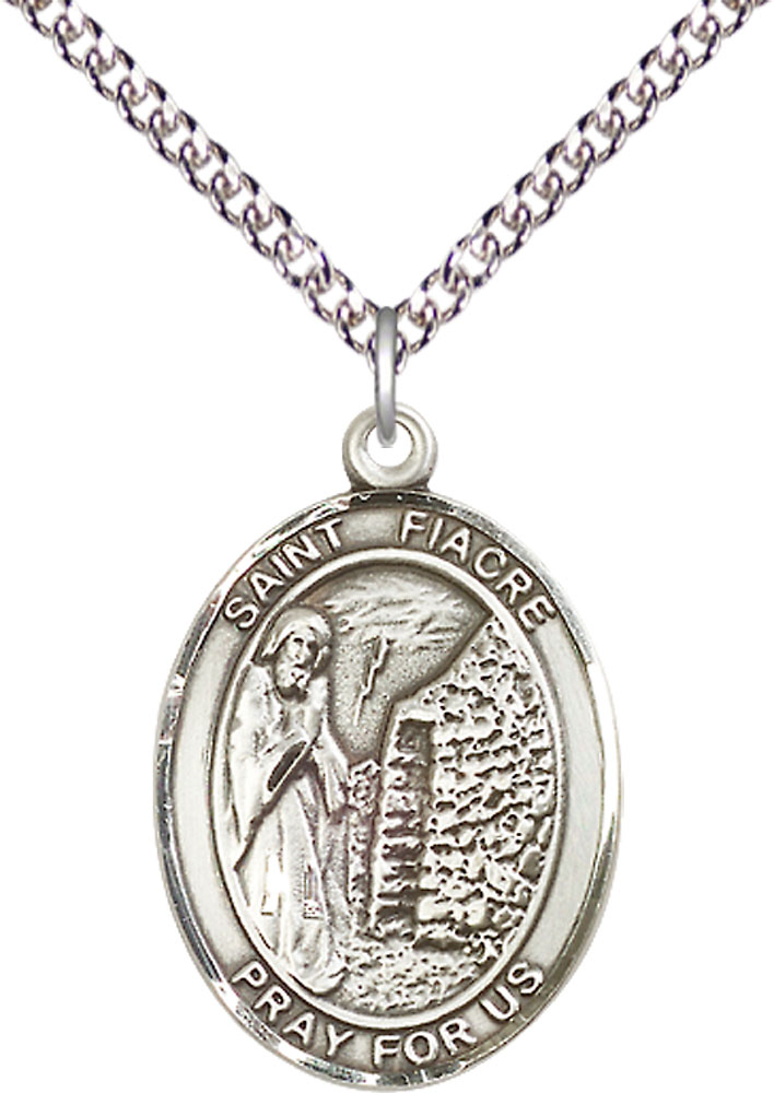 Sterling Silver Saint Fiacre Pendant on a 24 inch Sterling Silver Heavy Curb chain