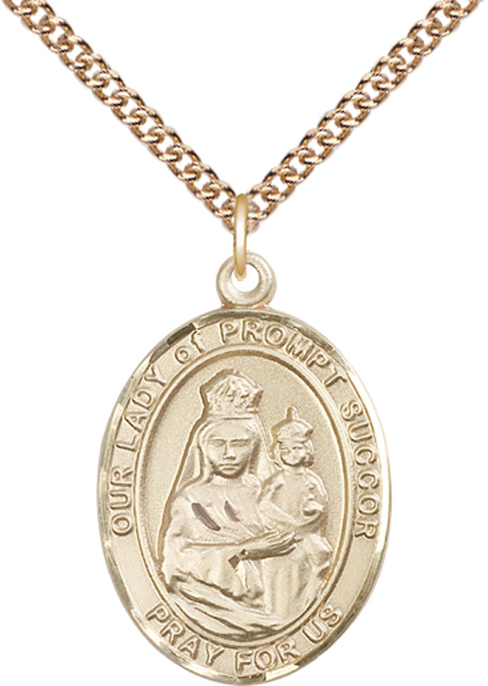 14kt Gold Filled Our Lady of Prompt Succor Pendant on a 24 inch Gold Filled Heavy Curb chain