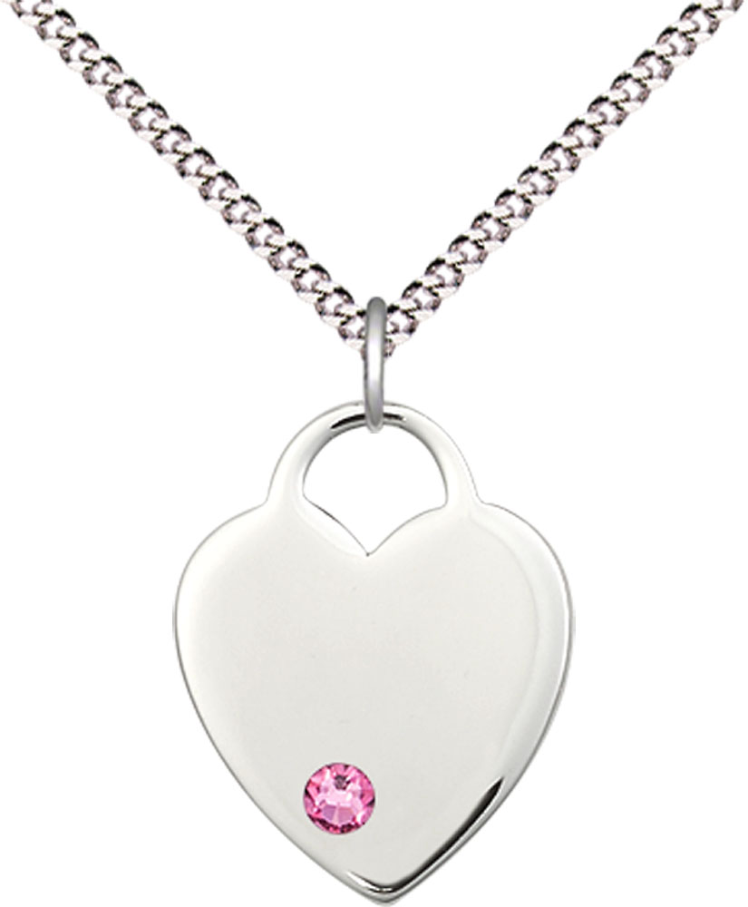 Sterling Silver Heart Pendant with a 3mm Rose Swarovski stone on a 18 inch Light Rhodium Light Curb chain