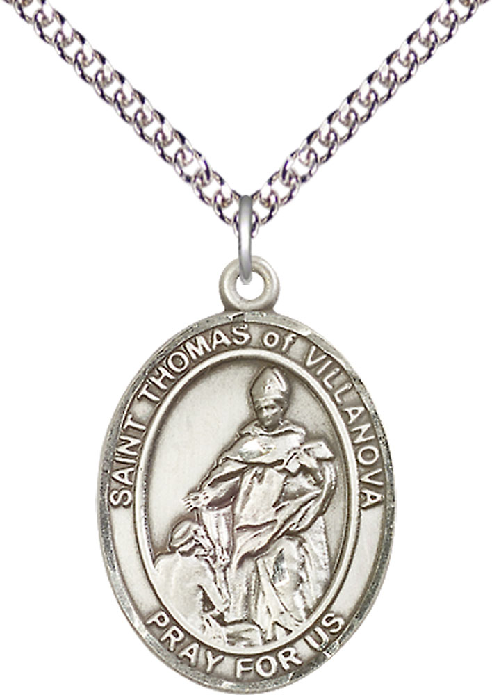 Sterling Silver Saint Thomas of Villanova Pendant on a 24 inch Sterling Silver Heavy Curb chain