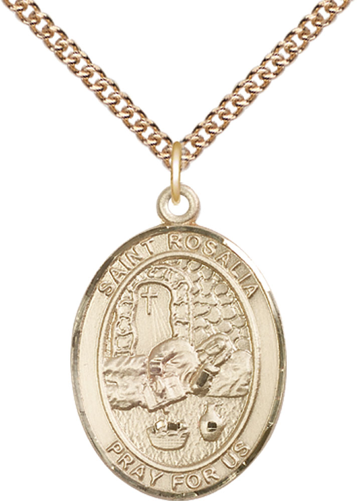 14kt Gold Filled Saint Rosalia Pendant on a 24 inch Gold Filled Heavy Curb chain