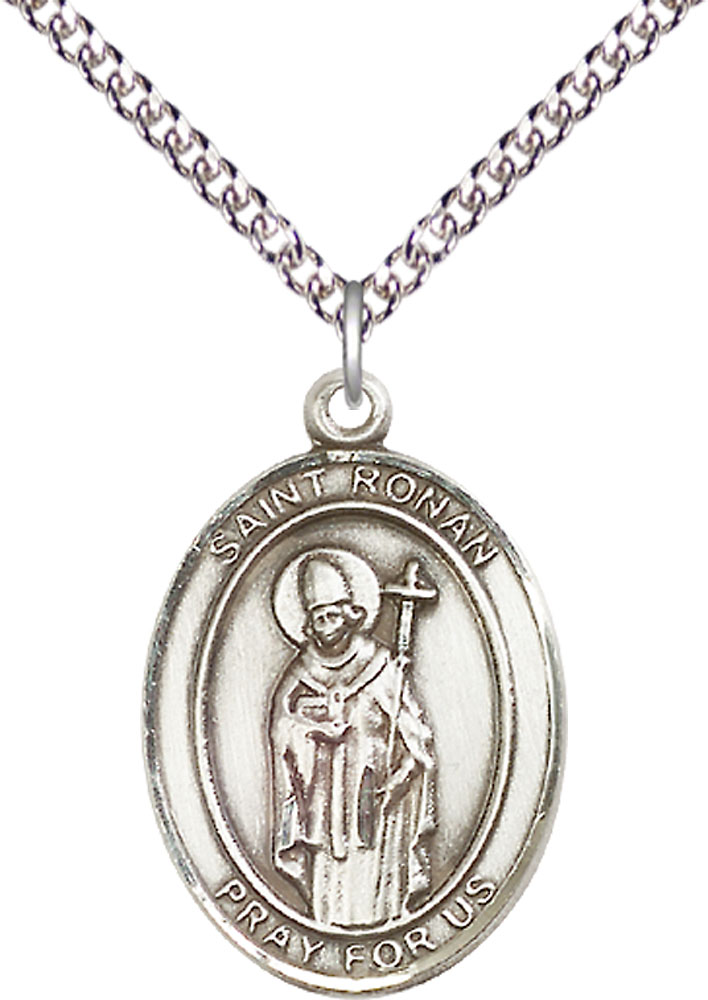 Sterling Silver Saint Ronan Pendant on a 24 inch Sterling Silver Heavy Curb chain